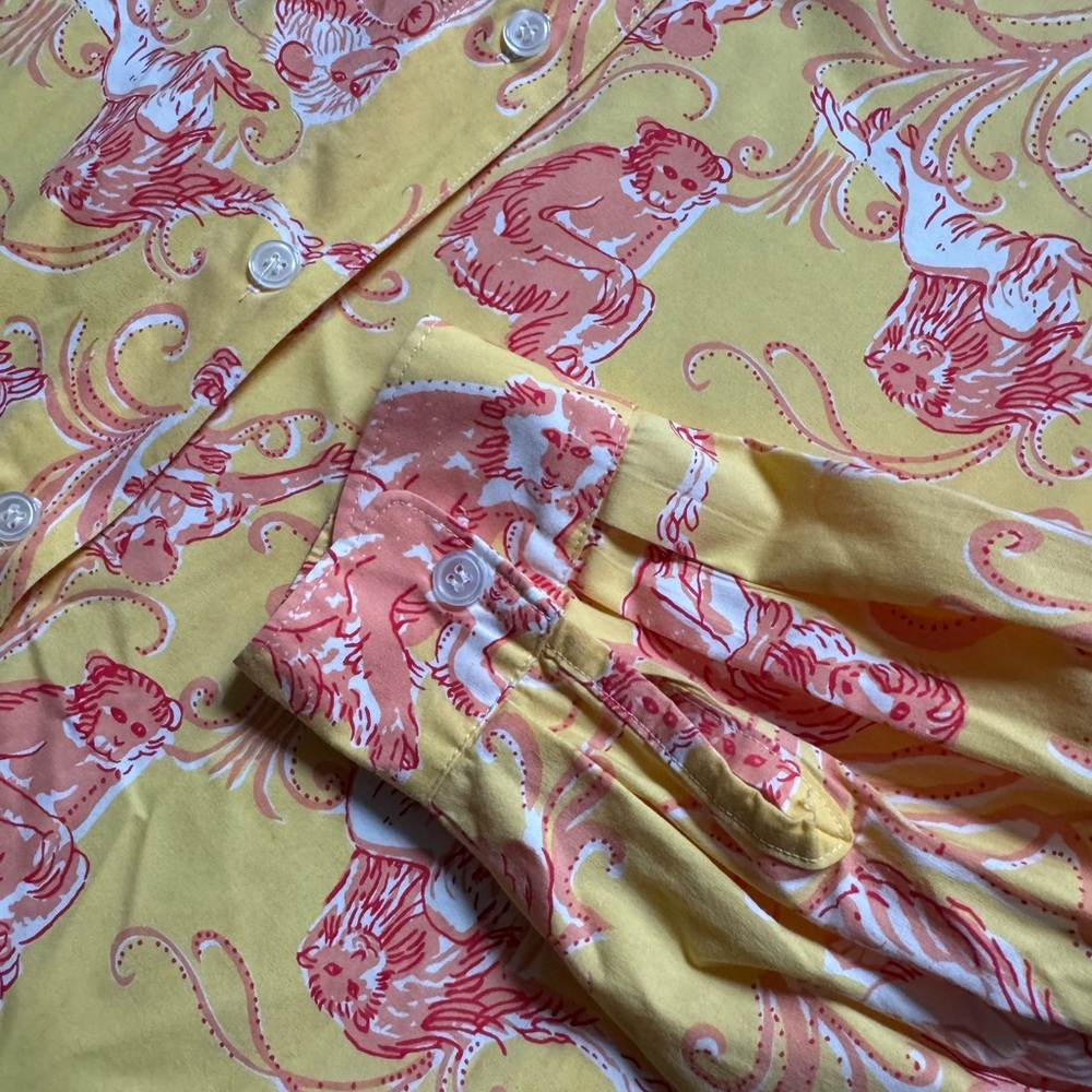 Key West Yellow Animal Print Button-Up Shirt Monkey Toile Long Sleeve Top